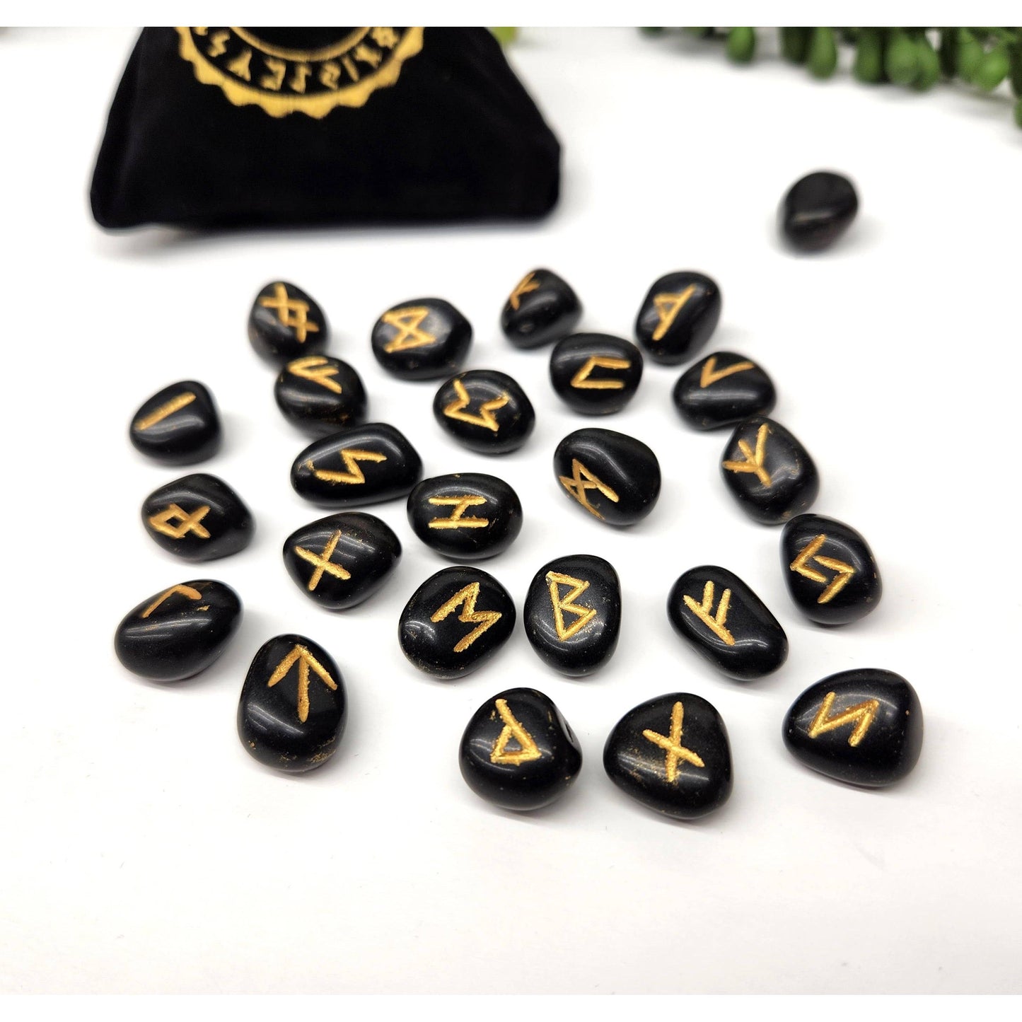 Black Agate Rune Set – 24 Engraved Gemstone Runes + Blank, Info Sheet & Pouch