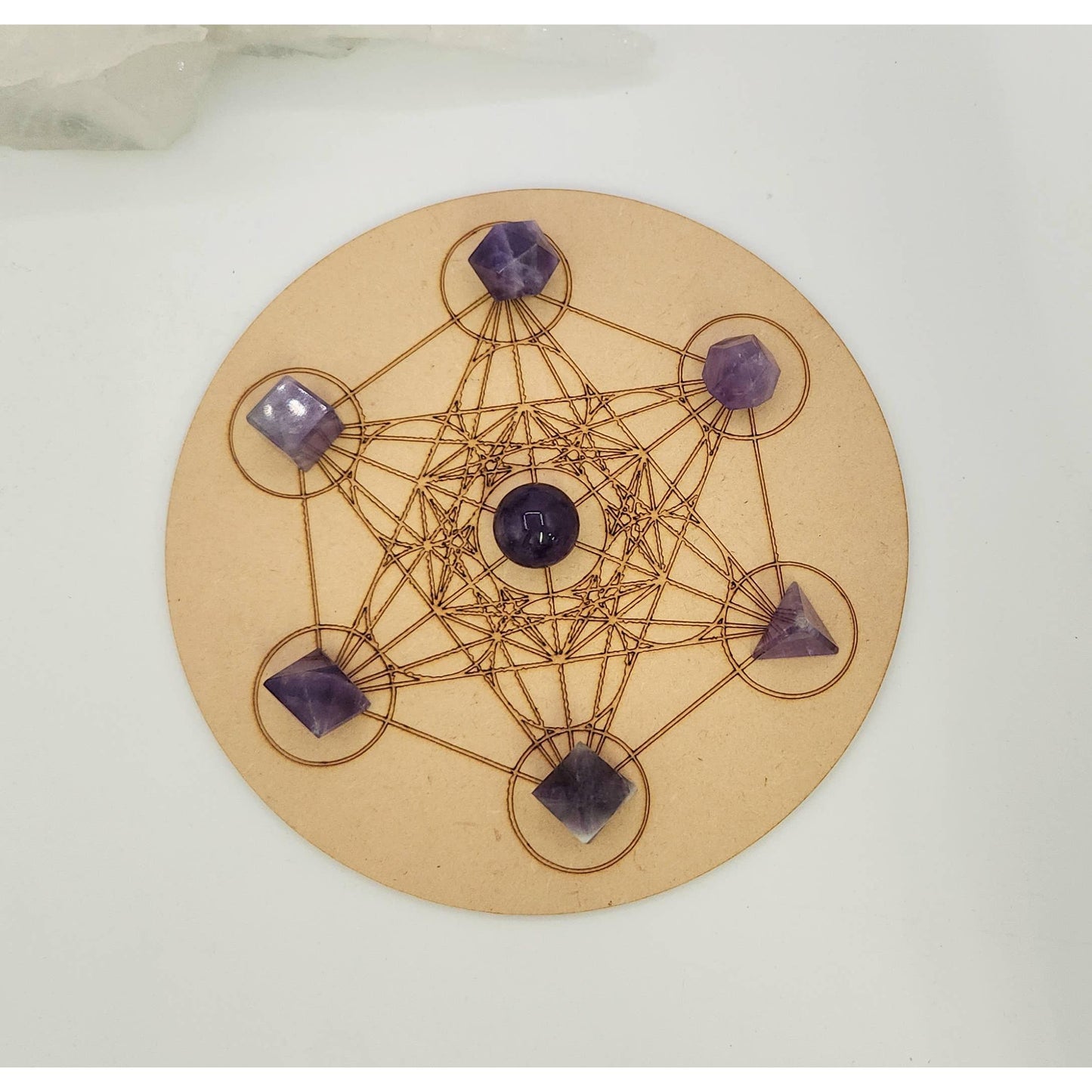 Amethyst 7-Piece Sacred Geometry Crystal Set with Wooden Grid & Velvet Bag