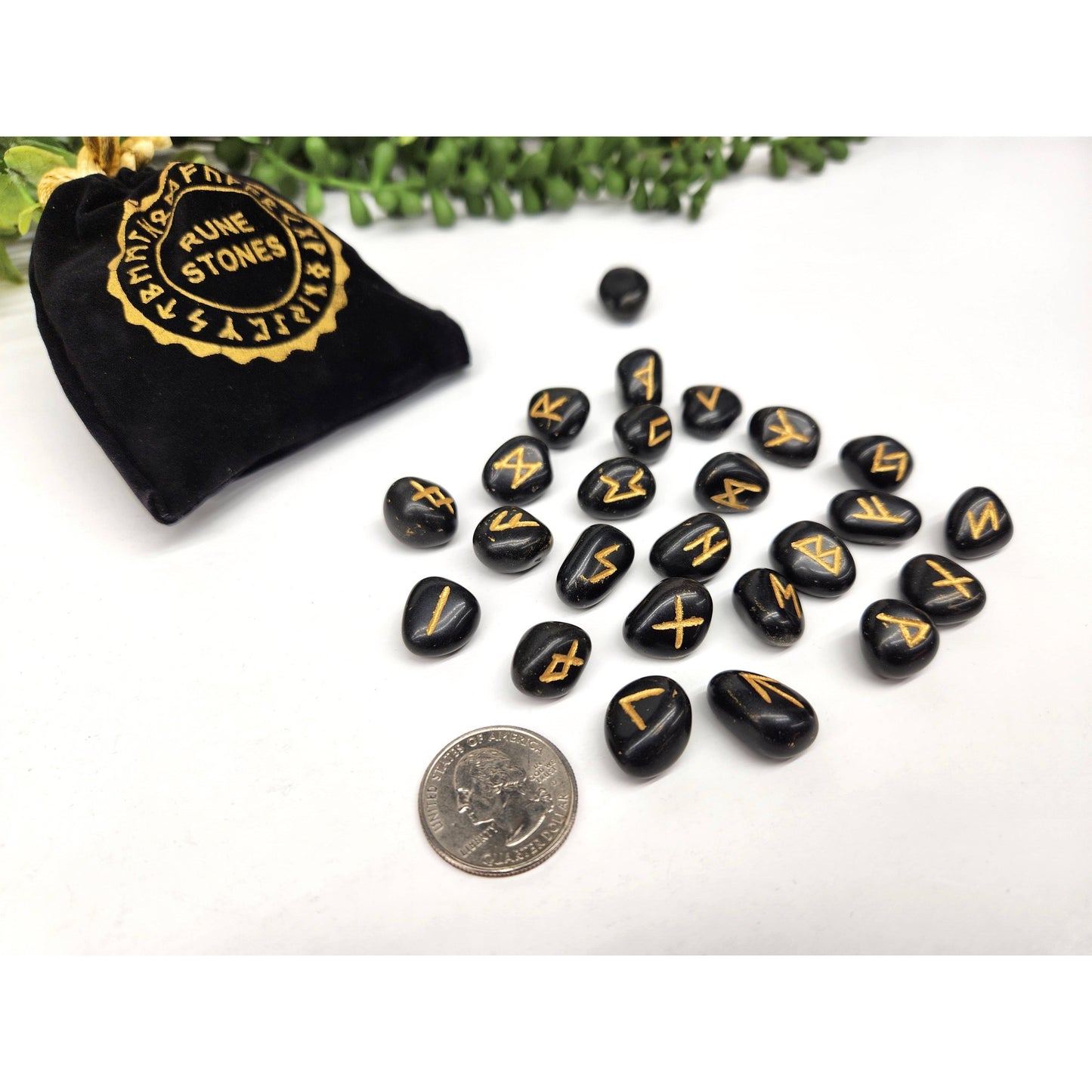 Black Agate Rune Set – 24 Engraved Gemstone Runes + Blank, Info Sheet & Pouch