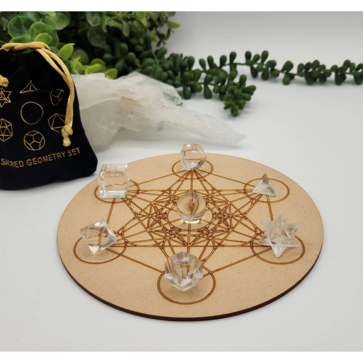 Clear Quartz Sacred Geometry Set – 7 Carved Crystals + Merkaba & Sphere with Grid & Pouch