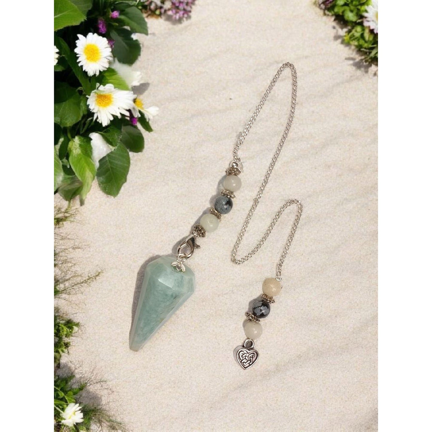Amazonite Hexagonal Crystal Pendulum with Celtic Heart & Beaded Accents – Spiritual Divination Tool