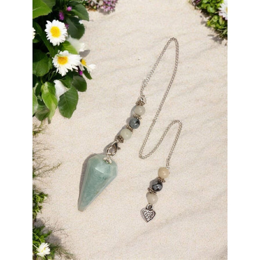 Amazonite Hexagonal Crystal Pendulum with Celtic Heart & Beaded Accents – Spiritual Divination Tool