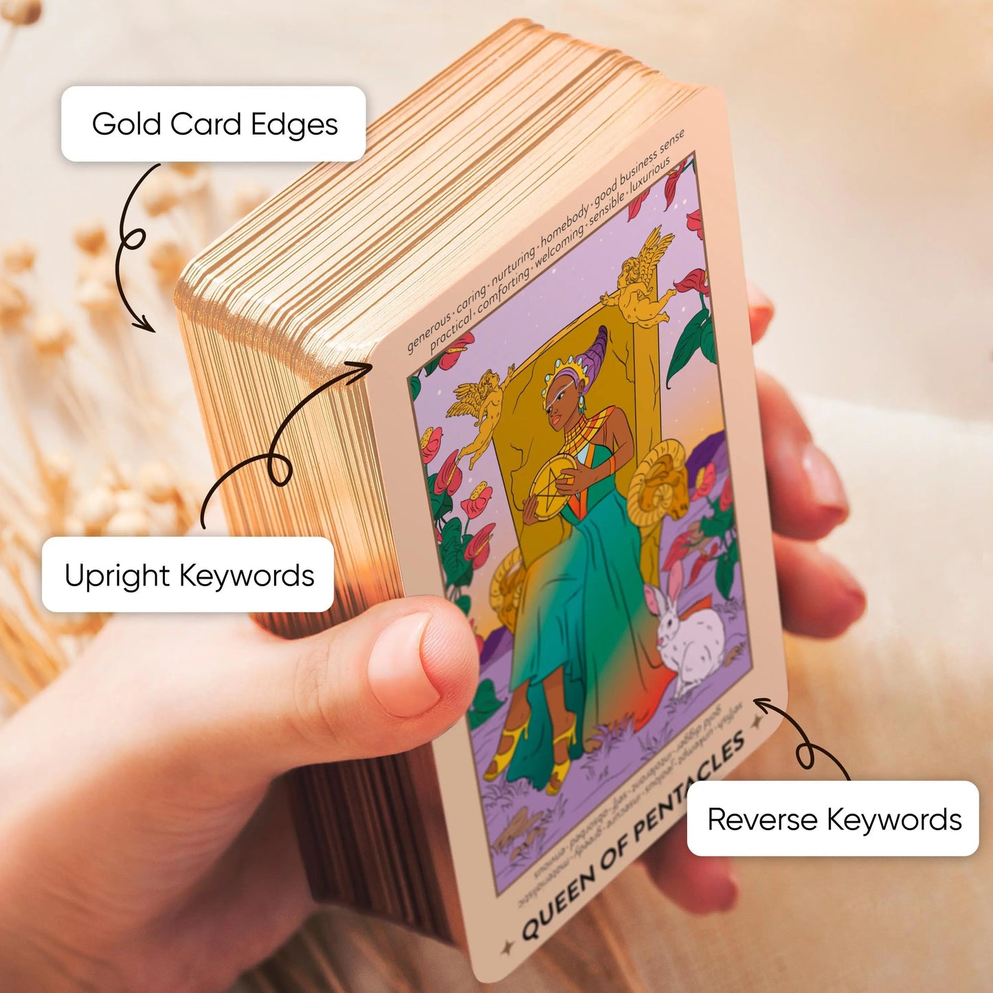 Neoteric Feminine Tarot Keyword Edition with Guidebook – Black & Gold Beginner Tarot Deck