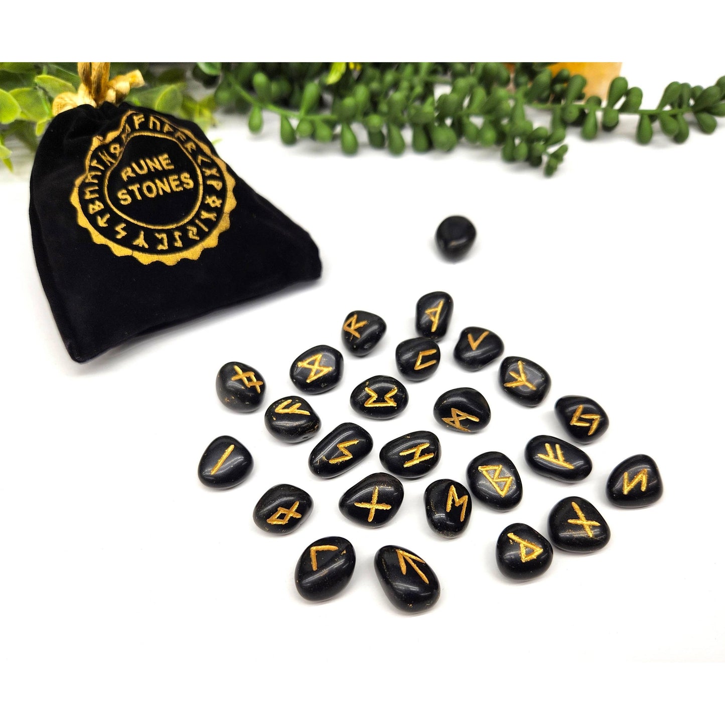 Black Agate Rune Set – 24 Engraved Gemstone Runes + Blank, Info Sheet & Pouch