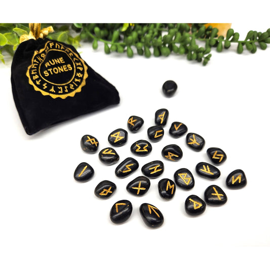 Black Agate Rune Set – 24 Engraved Gemstone Runes + Blank, Info Sheet & Pouch
