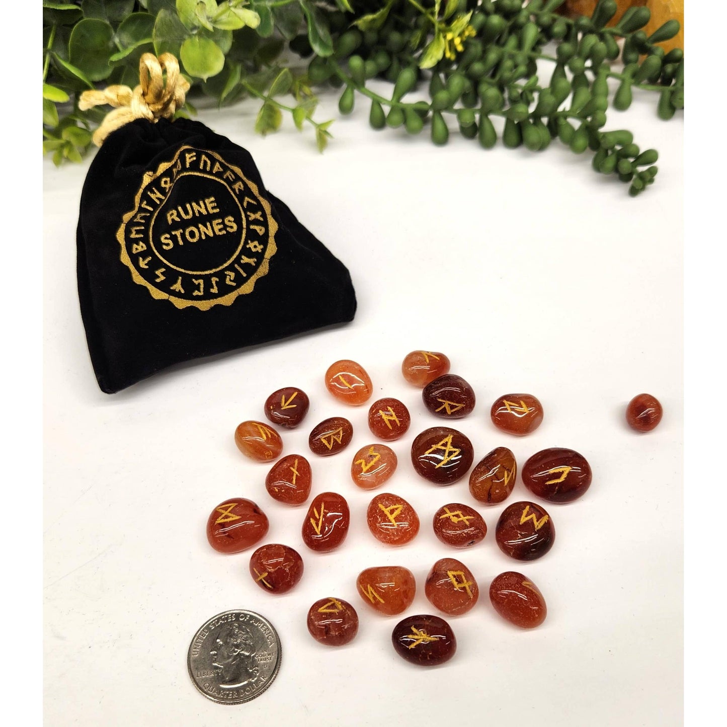 24-Piece Carnelian Rune Set with Odin Stone, Velvet Pouch & Meaning Guide