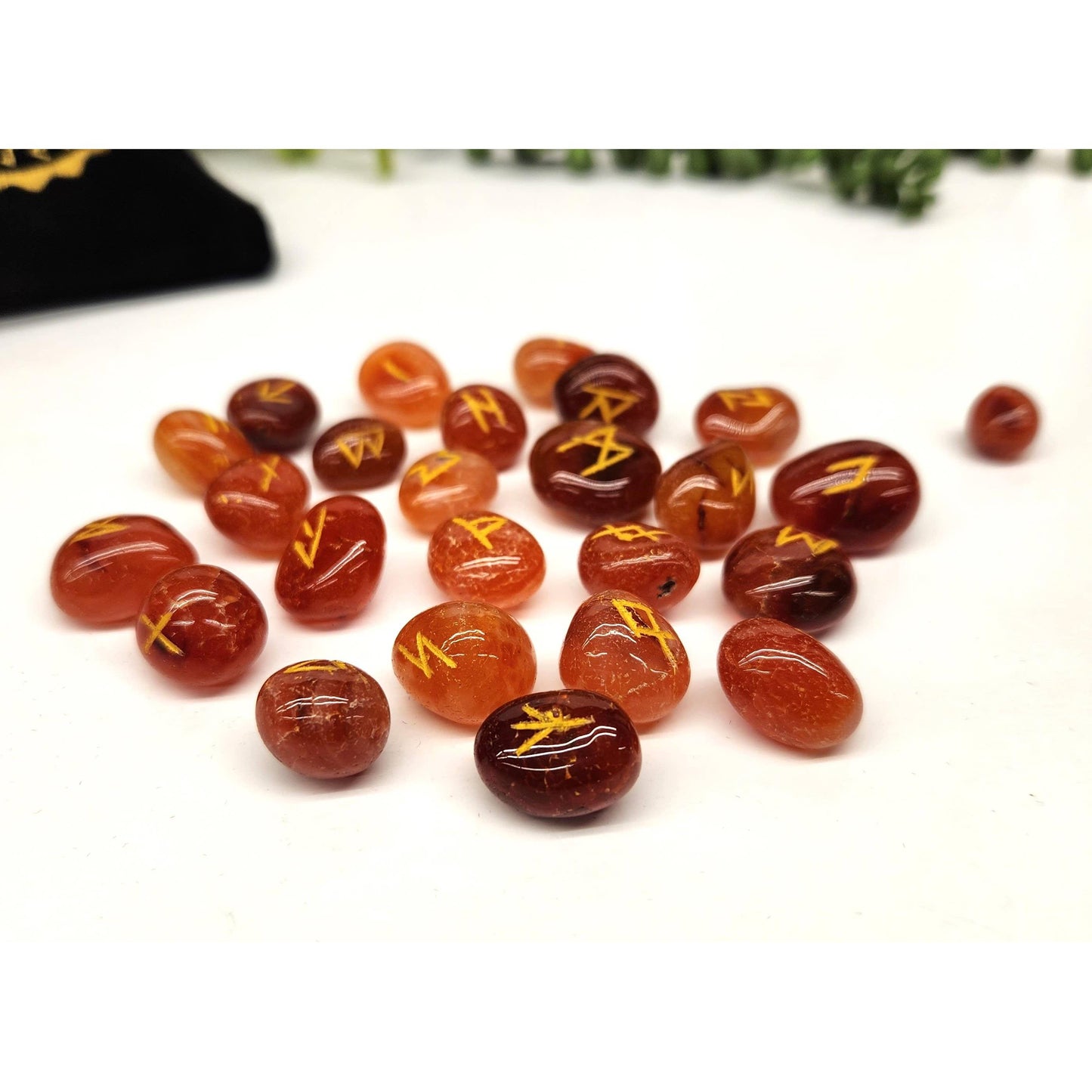 24-Piece Carnelian Rune Set with Odin Stone, Velvet Pouch & Meaning Guide