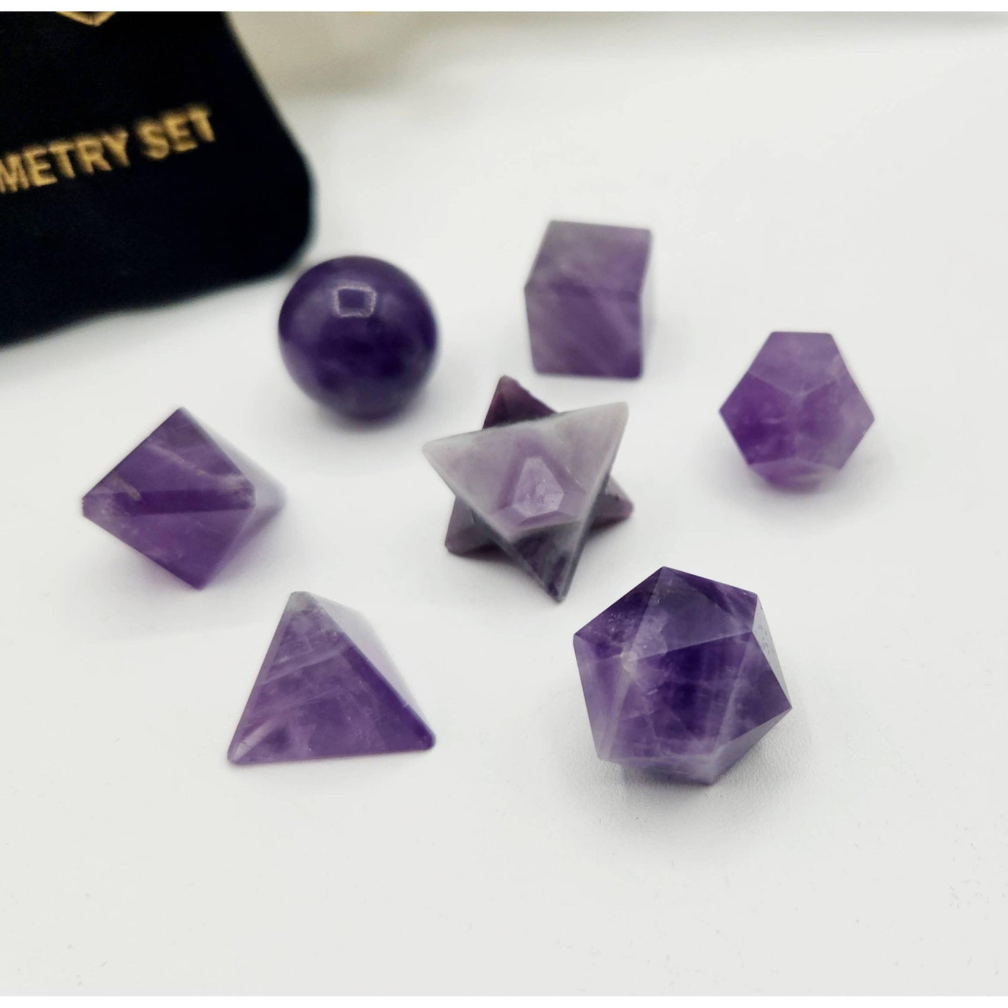 Amethyst 7-Piece Sacred Geometry Crystal Set with Wooden Grid & Velvet Bag