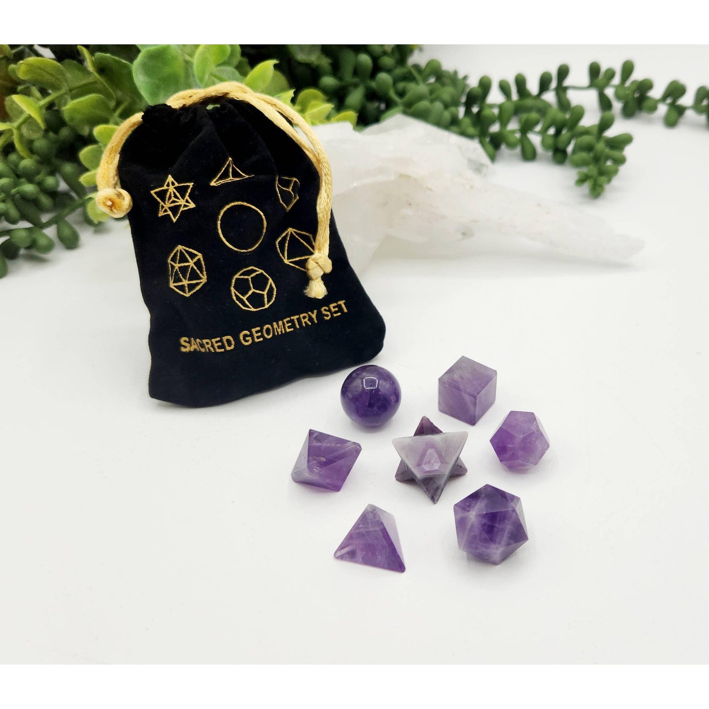 Amethyst 7-Piece Sacred Geometry Crystal Set with Wooden Grid & Velvet Bag