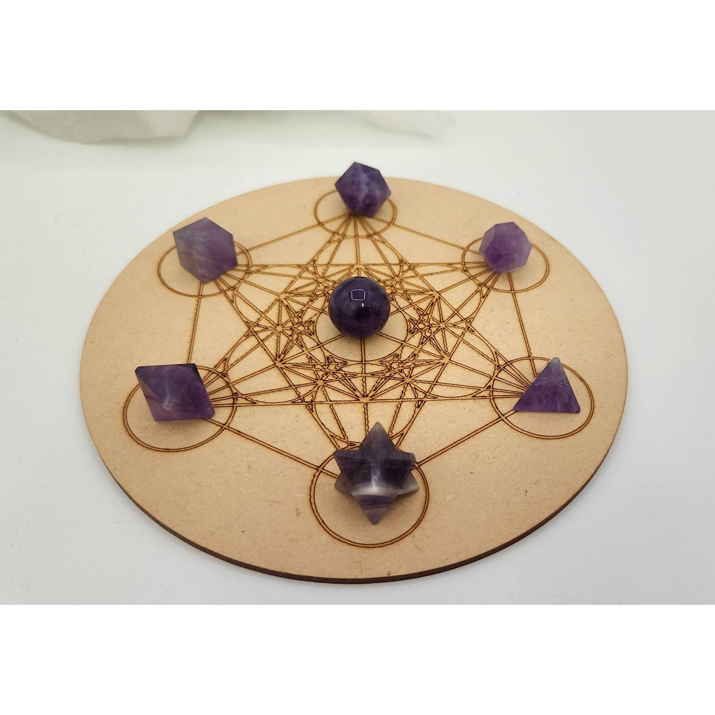 Amethyst 7-Piece Sacred Geometry Crystal Set with Wooden Grid & Velvet Bag
