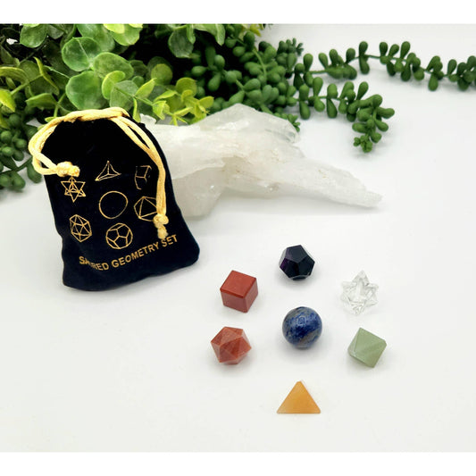 7-Piece Chakra Sacred Geometry Crystal Set with Grid & Velvet Pouch
