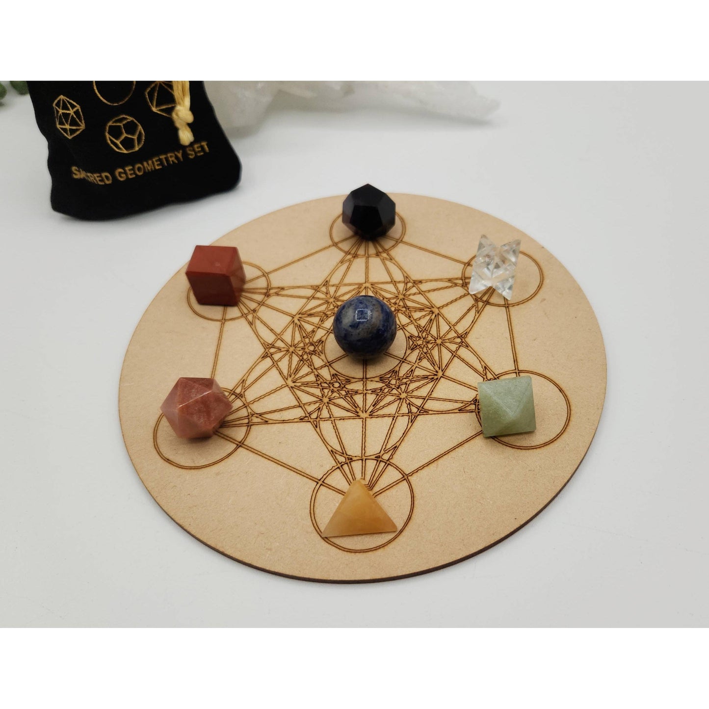 7-Piece Chakra Sacred Geometry Crystal Set with Grid & Velvet Pouch