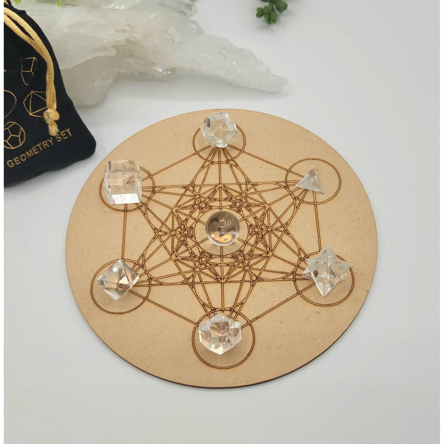Clear Quartz Sacred Geometry Set – 7 Carved Crystals + Merkaba & Sphere with Grid & Pouch