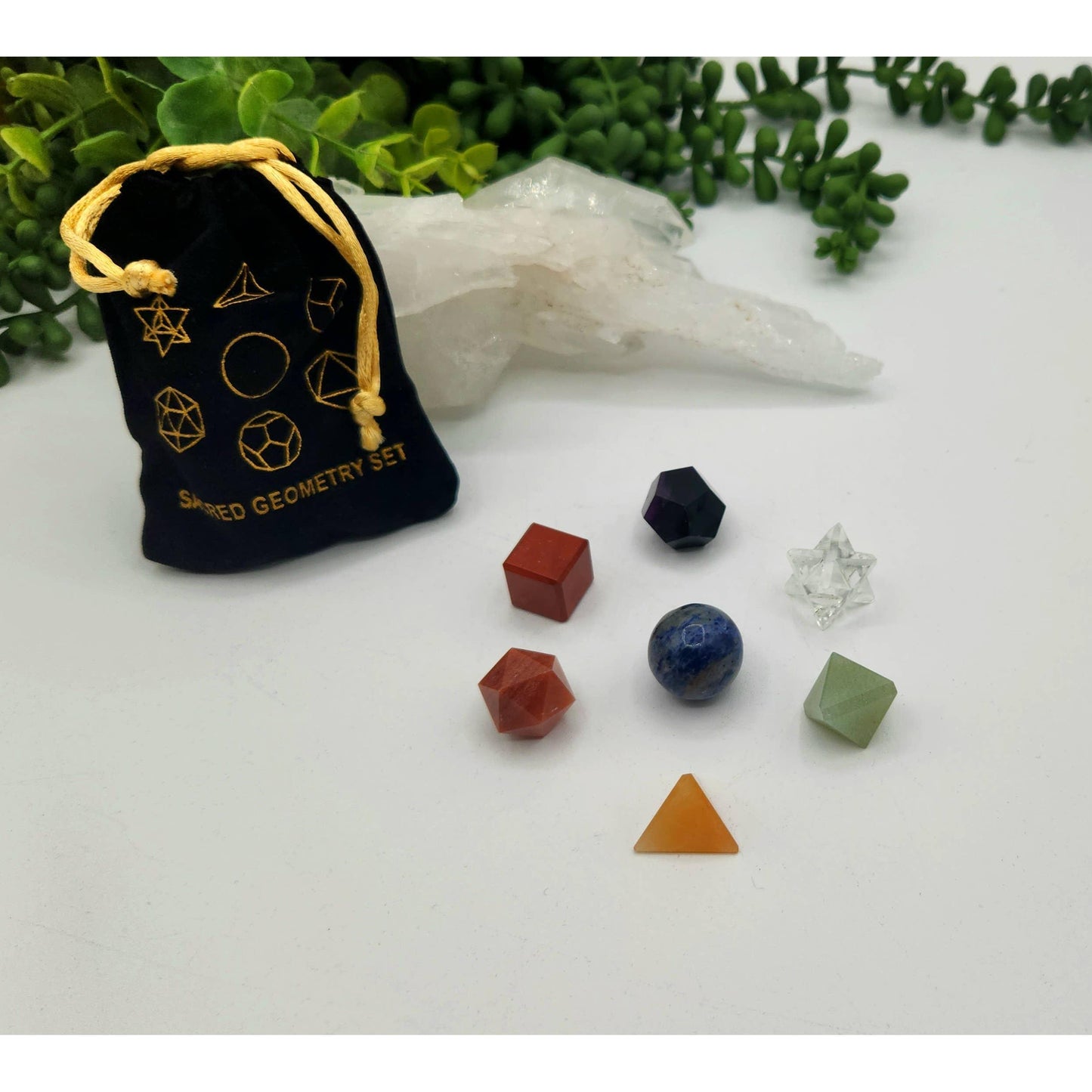 7-Piece Chakra Sacred Geometry Crystal Set with Grid & Velvet Pouch