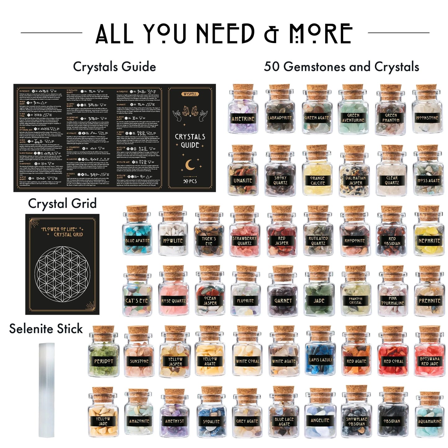 50-Piece Gemstone & Crystal Kit for Spell Jars, Chakra Healing & Crafting