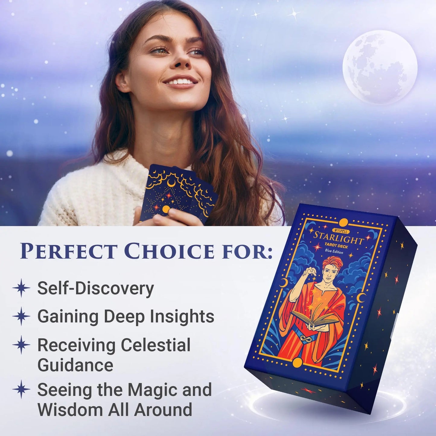 Starlight Blue Tarot Deck with Guidebook – Gold Edge Celestial 78 Card Tarot Set