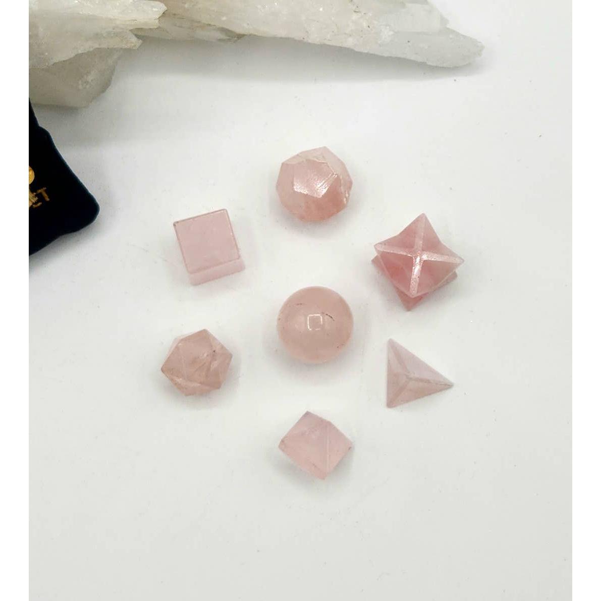 Rose Quartz Sacred Geometry Crystal Set – 7-Piece Platonic Solids + Grid