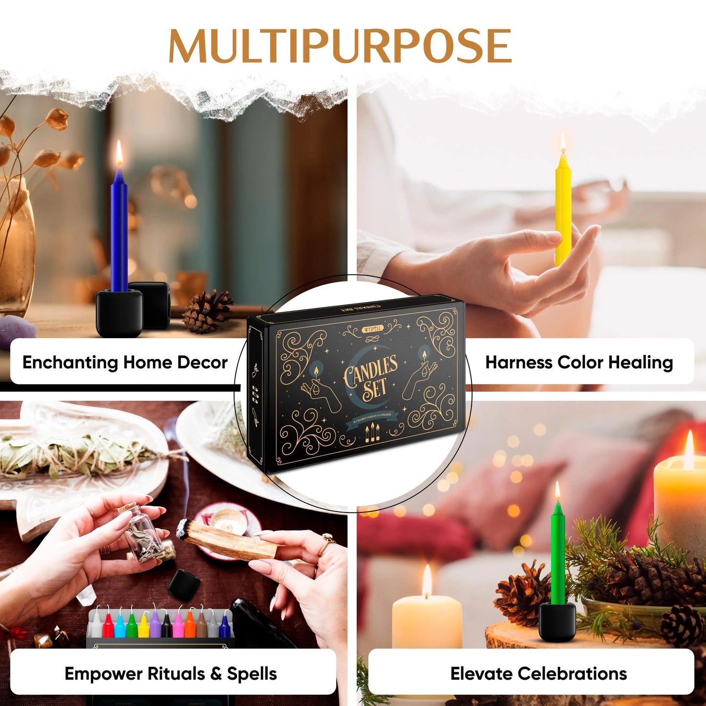 36-Piece Colored Spell Candle Kit with Holders, Parchments & Guidebook