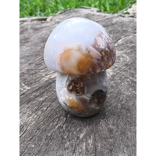Ocean Jasper Mushroom with Druzy & Pyrite – 3" Tall, 9.4 oz
