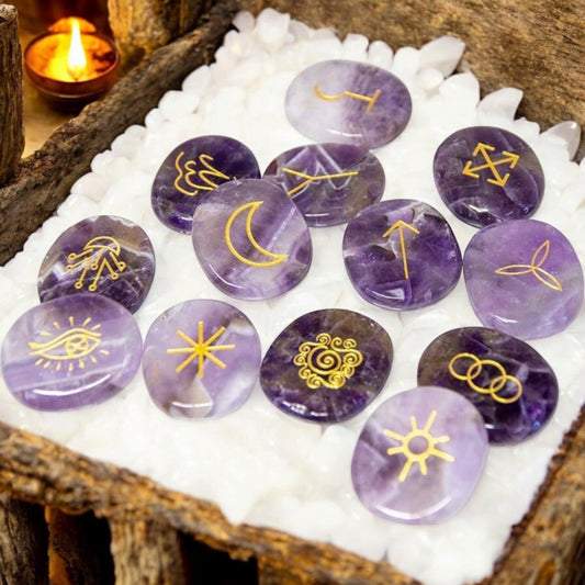 Amethyst Witches' Rune Set – 13-Piece Divination Stones with Velvet Bag & Guide