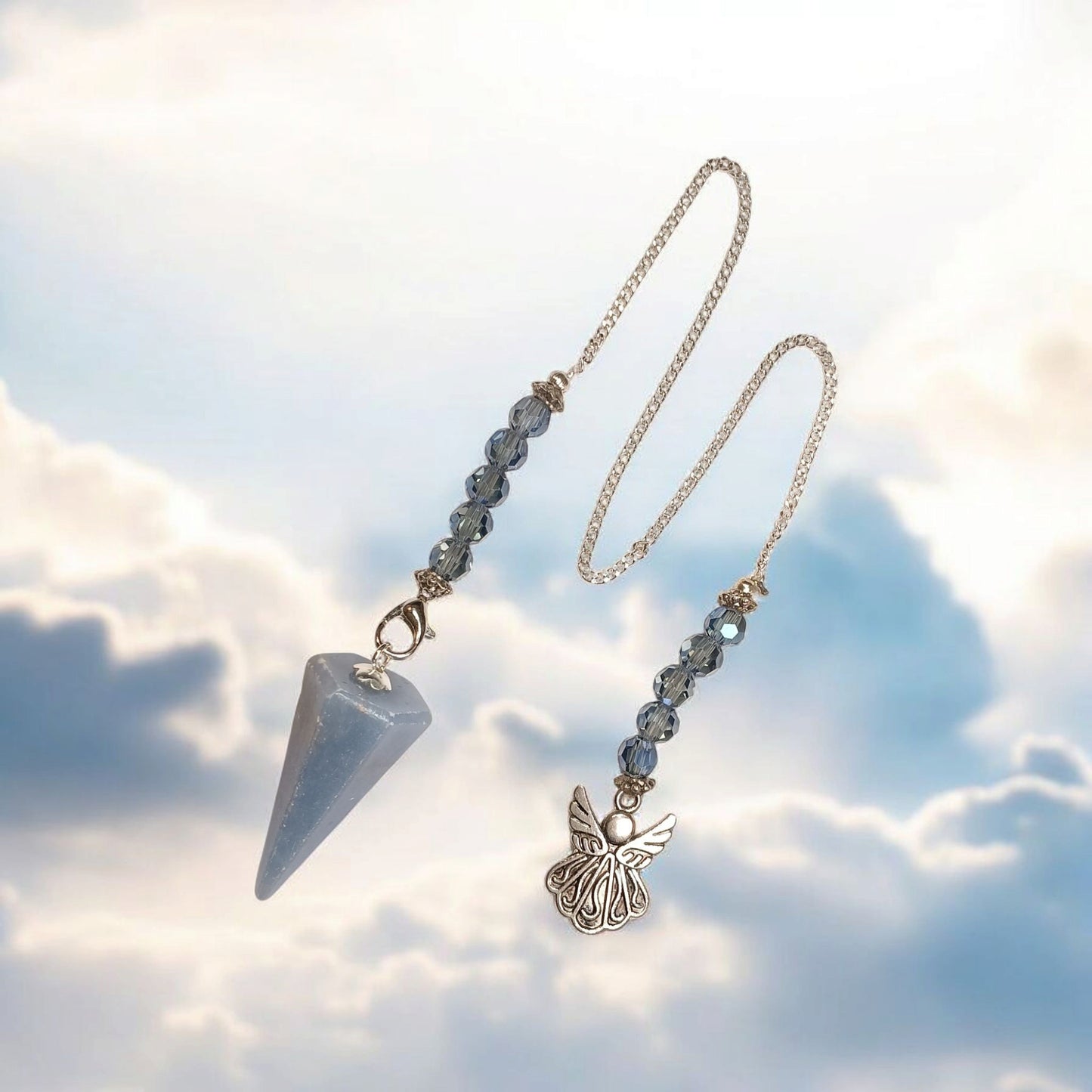 Angelite Hexagonal Pendulum with Angel Charm & Beaded Chain