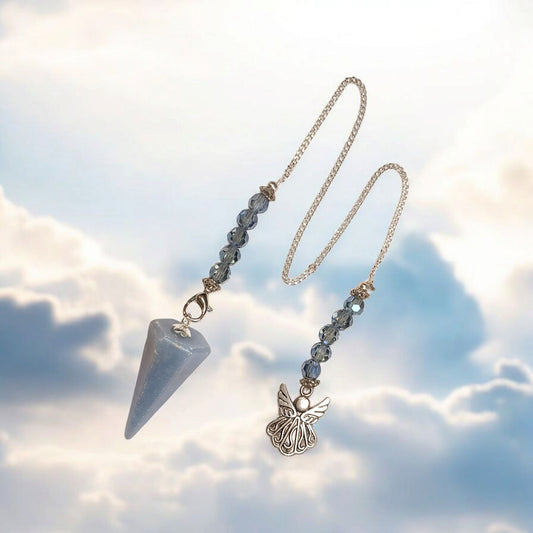 Angelite Hexagonal Pendulum with Angel Charm & Beaded Chain