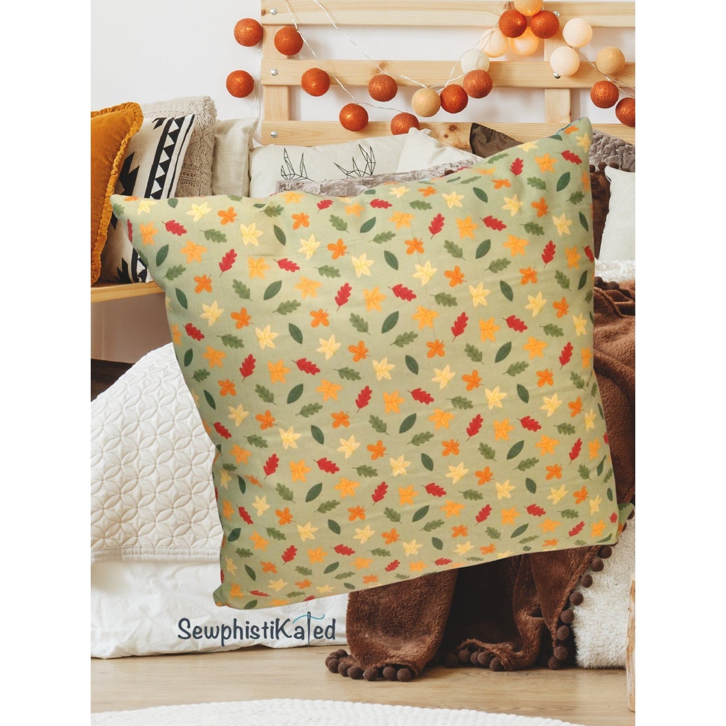 Autumn Throw Pillow – Double-Sided Fall Decor with Leaves & Autumn Words (Handmade by SewphistiKated)