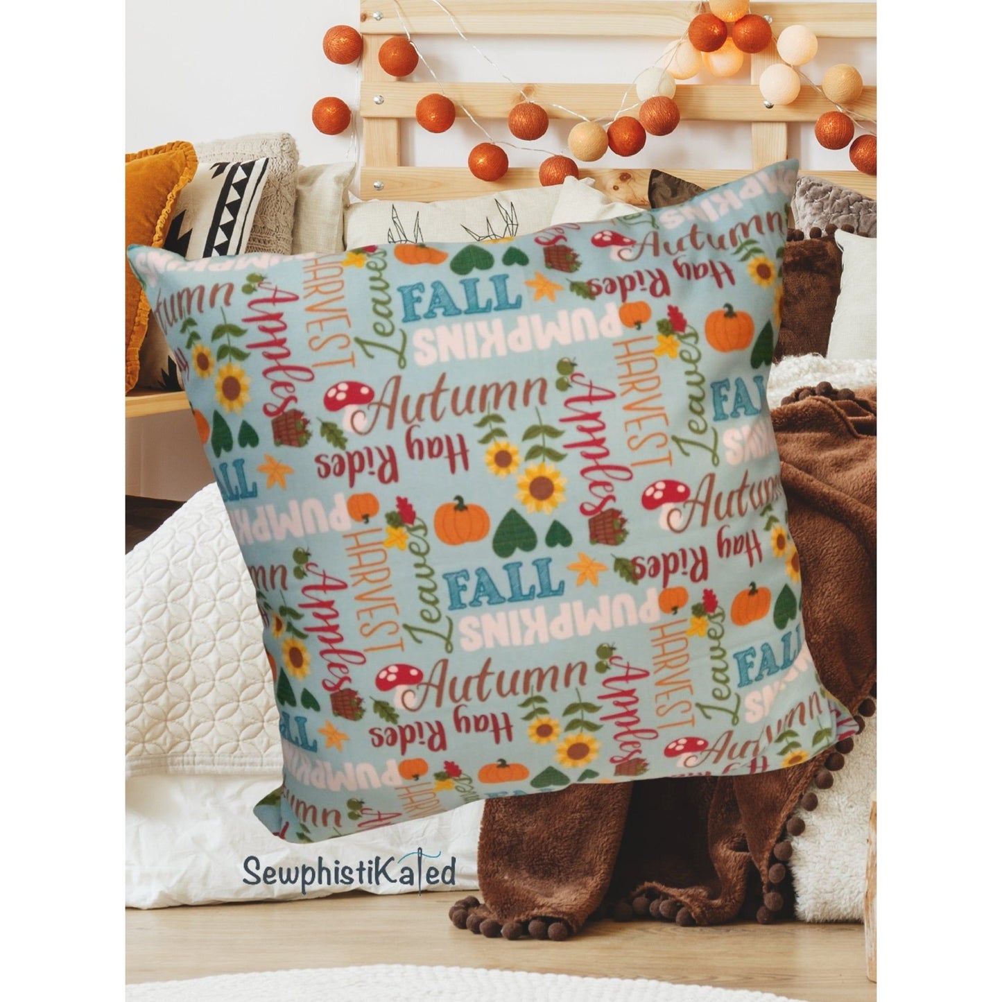 Autumn Throw Pillow – Double-Sided Fall Decor with Leaves & Autumn Words (Handmade by SewphistiKated)