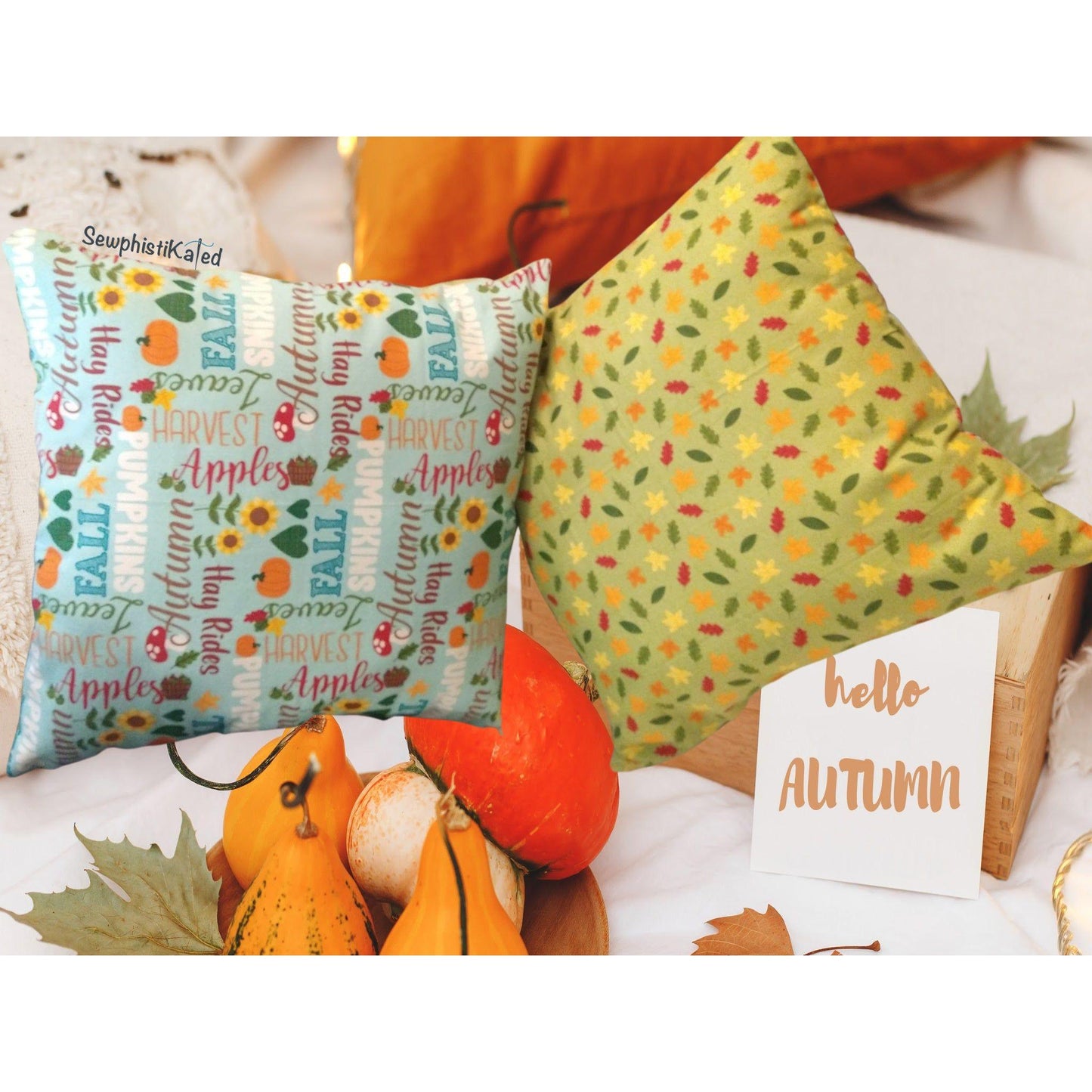 Autumn Throw Pillow – Double-Sided Fall Decor with Leaves & Autumn Words (Handmade by SewphistiKated)