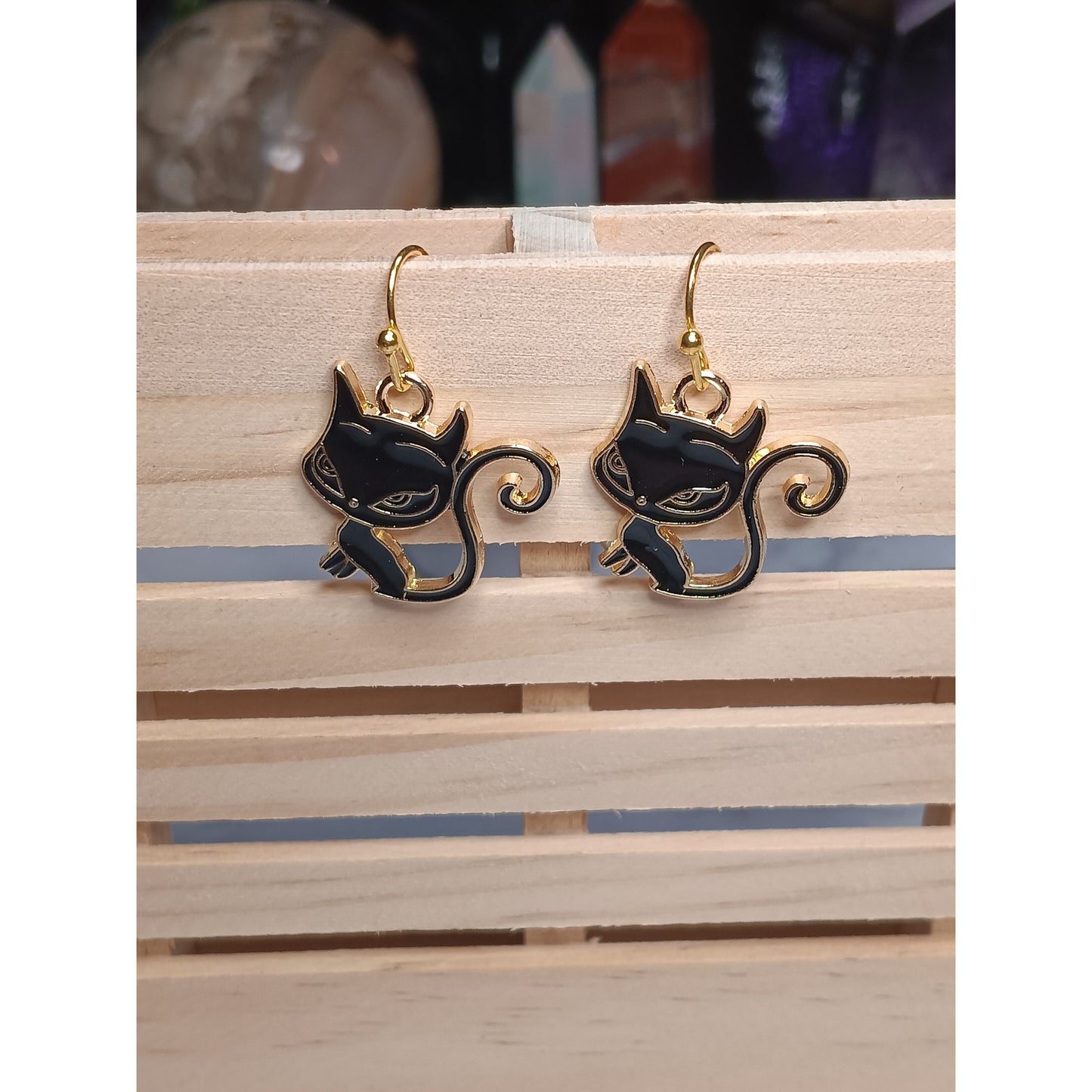 Black Cat Enamel Dangle Earrings – Gold-Tone, Fishhook, Feminine Feline Charm