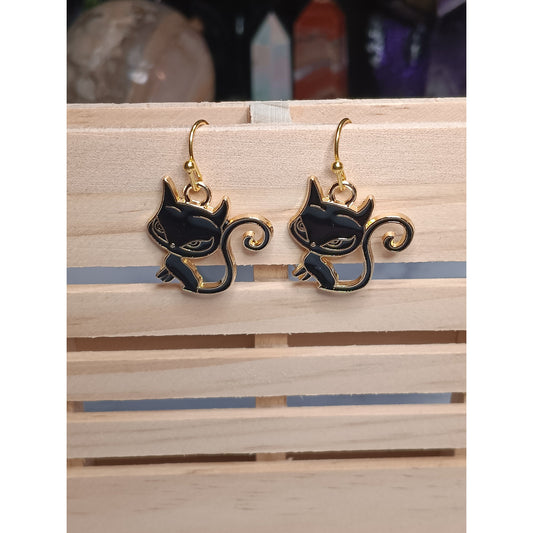 Black Cat Enamel Dangle Earrings – Gold-Tone, Fishhook, Feminine Feline Charm