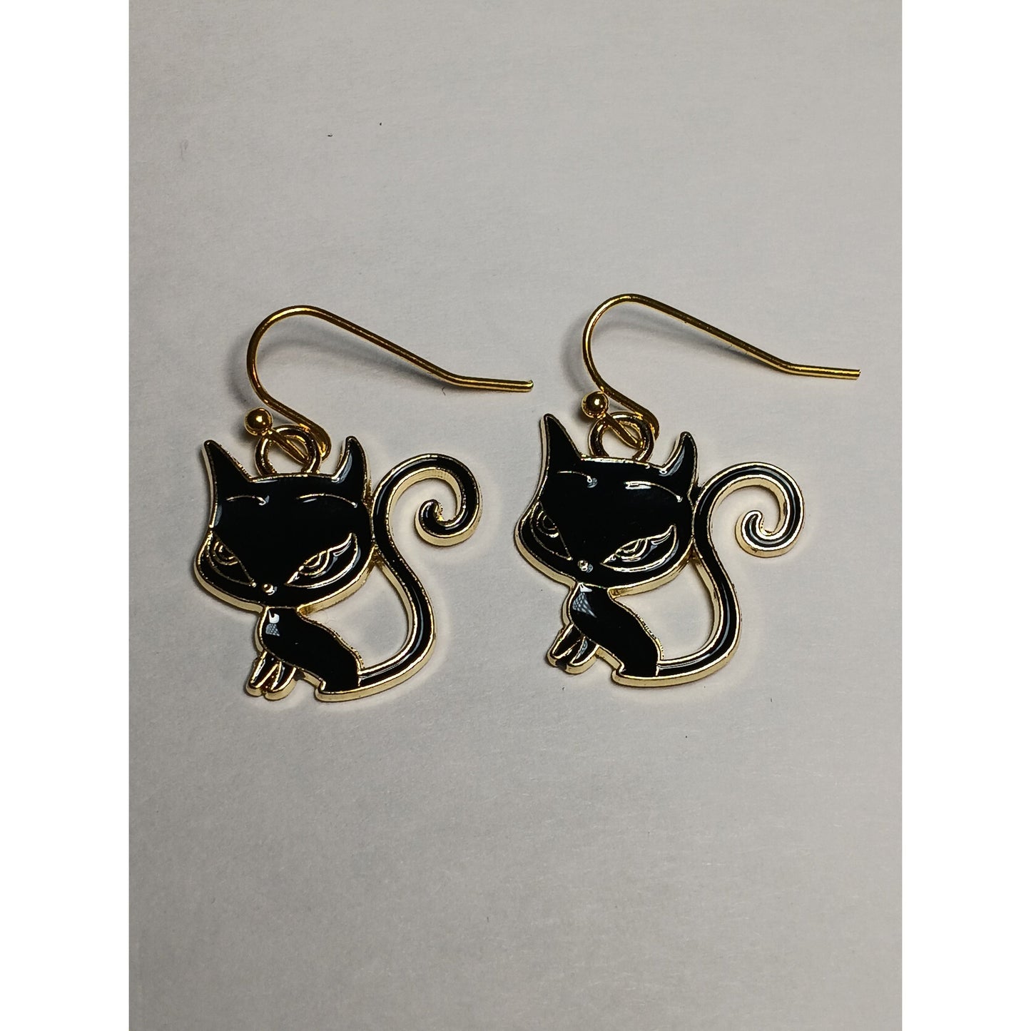 Black Cat Enamel Dangle Earrings – Gold-Tone, Fishhook, Feminine Feline Charm
