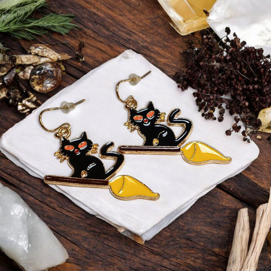 Black Cat on Broomstick Enamel Earrings – Witchy, Spooky-Cute Halloween Jewelry
