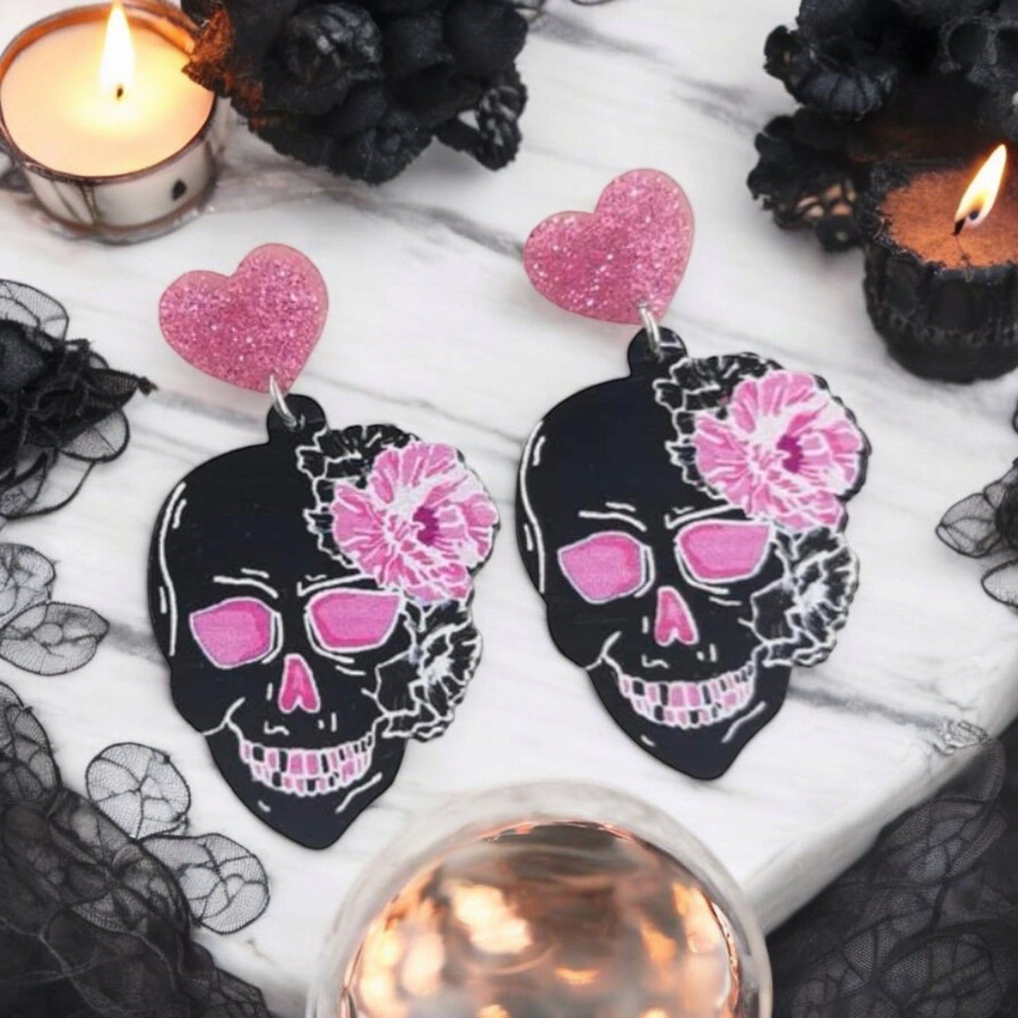 Skull & Flower Dangle Earrings – Gothic Pink Glitter Hearts