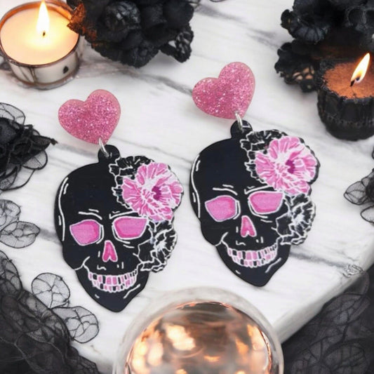 Skull & Flower Dangle Earrings – Gothic Pink Glitter Hearts