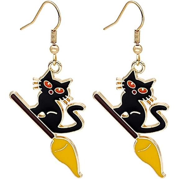 Black Cat on Broomstick Enamel Earrings – Witchy, Spooky-Cute Halloween Jewelry