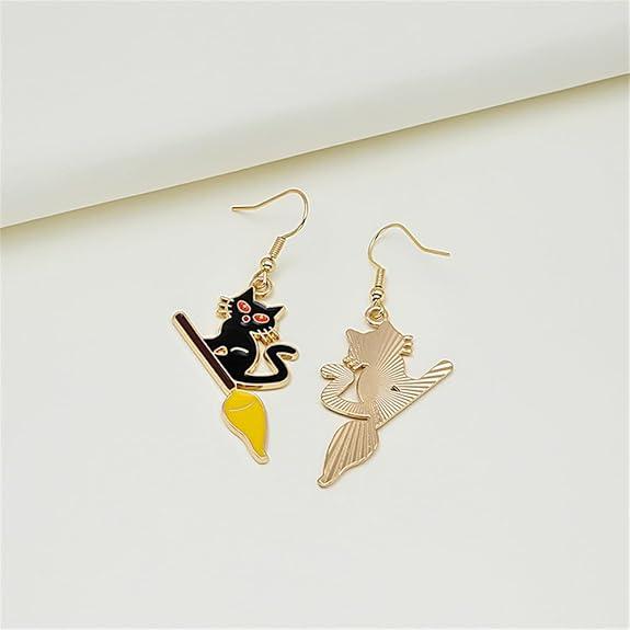 Black Cat on Broomstick Enamel Earrings – Witchy, Spooky-Cute Halloween Jewelry
