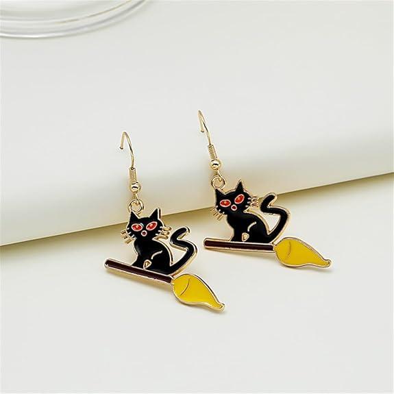 Black Cat on Broomstick Enamel Earrings – Witchy, Spooky-Cute Halloween Jewelry