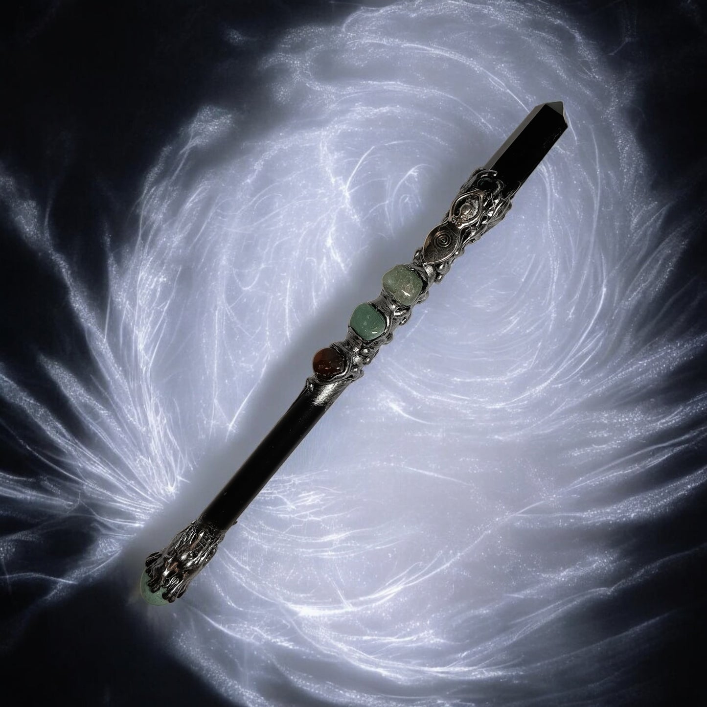 Black Obsidian & Spiral Goddess Wand – Cord Cutting, Shadow Work, Spiritual Protection