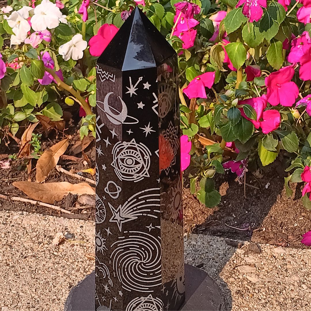 Large Black Obsidian Celestial Tower – 7.25" Etched Protection Crystal Point
