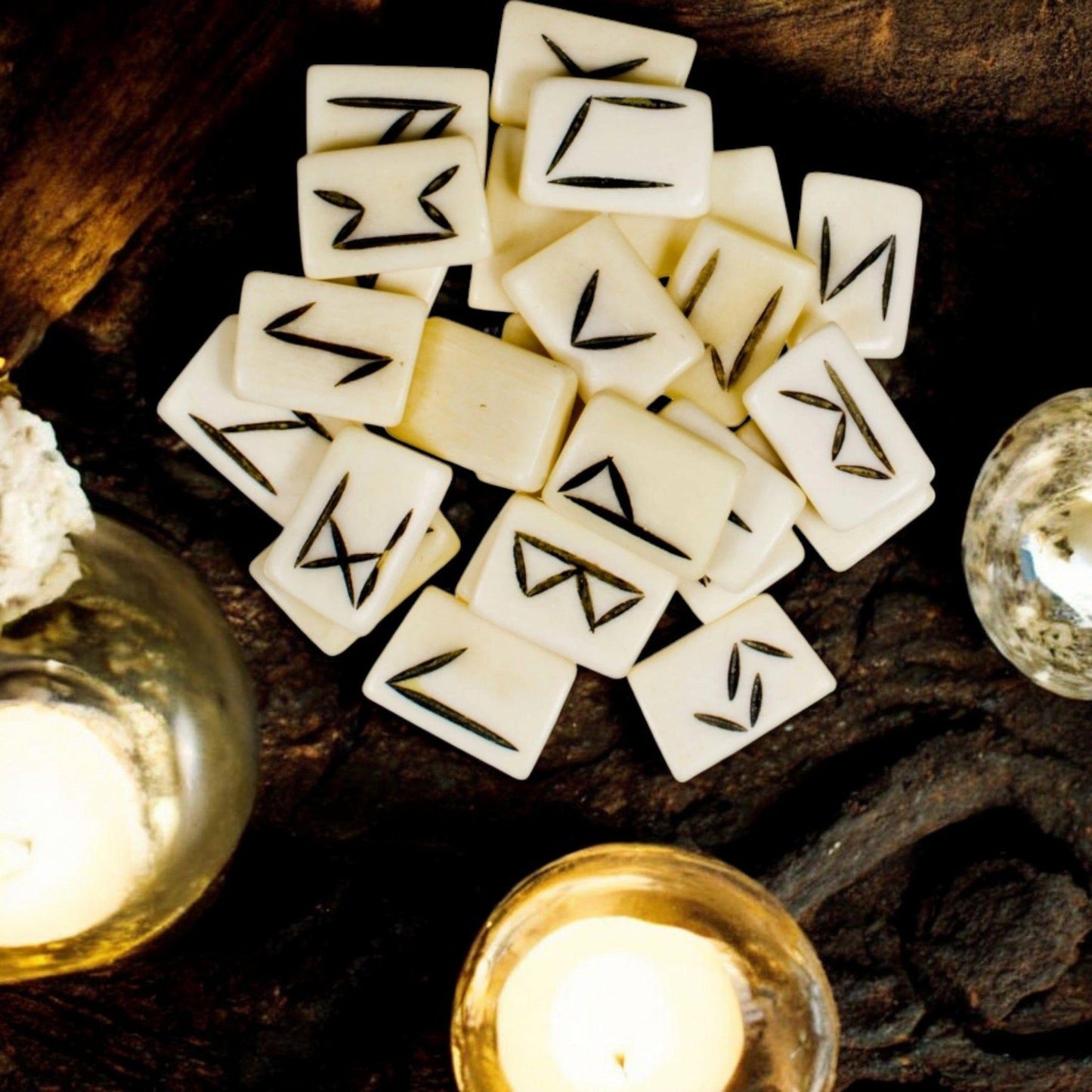 Water Buffalo Bone Rune Set with Info Sheet & Velvet Pouch