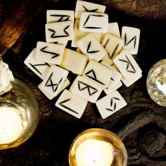 Water Buffalo Bone Rune Set with Info Sheet & Velvet Pouch