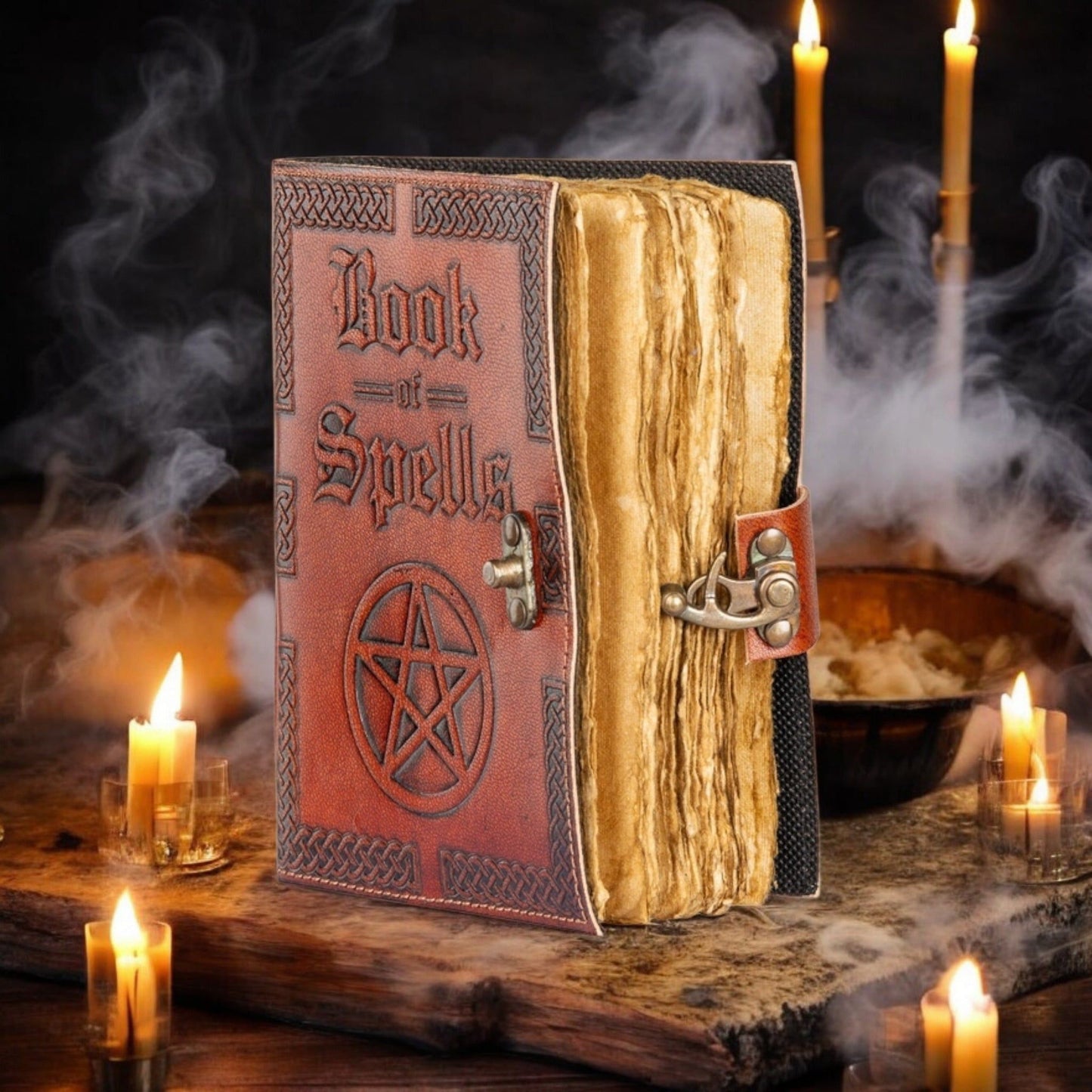 Book of Spells Leather Journal – Vintage Parchment Paper, 5" x 7"