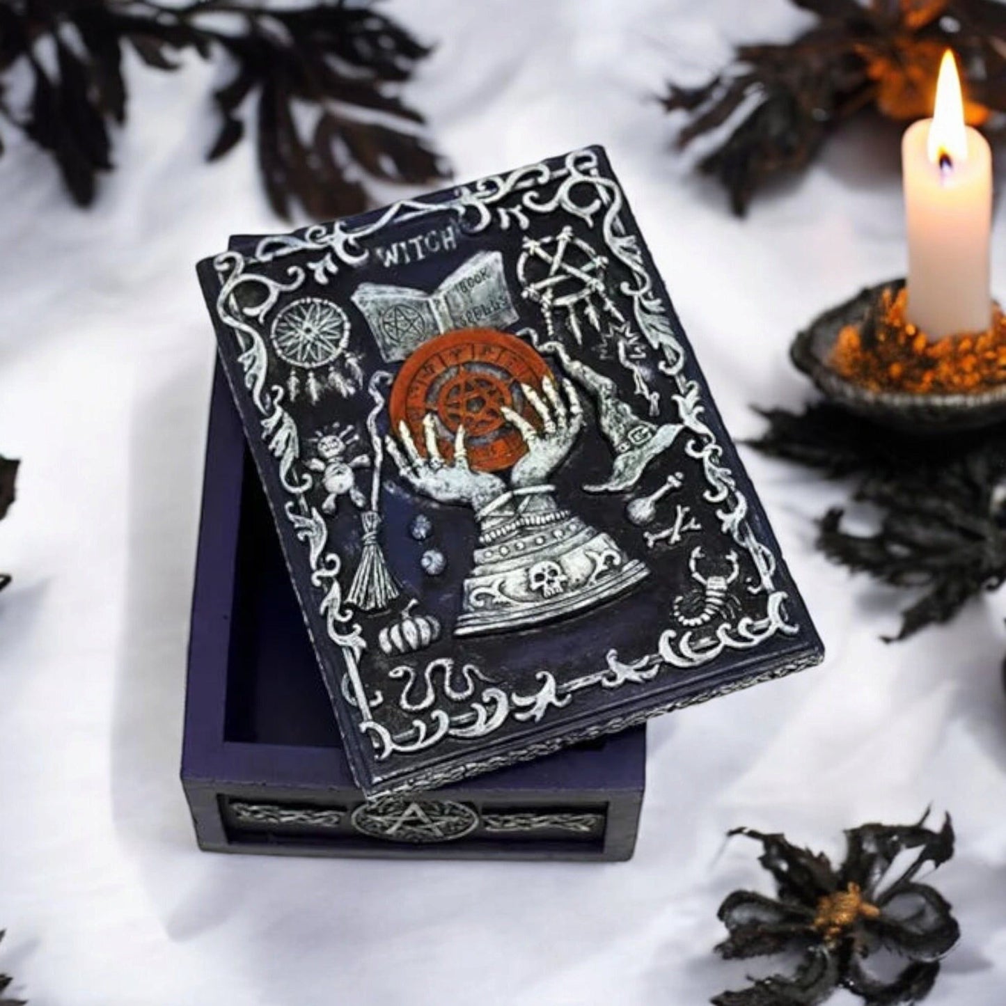 Book of Spells Tarot Box – Hand-Painted Cold Cast Resin Storage for Cards, Runes & Keepsakes