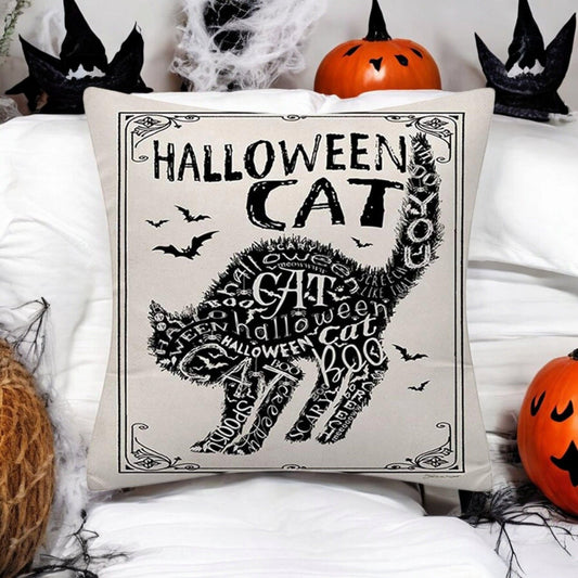Witchy Words Throw Pillow Cover – Halloween Cat, Black Bats, Scary Witch – 18"x18" Cotton Linen (Insert Not Included)