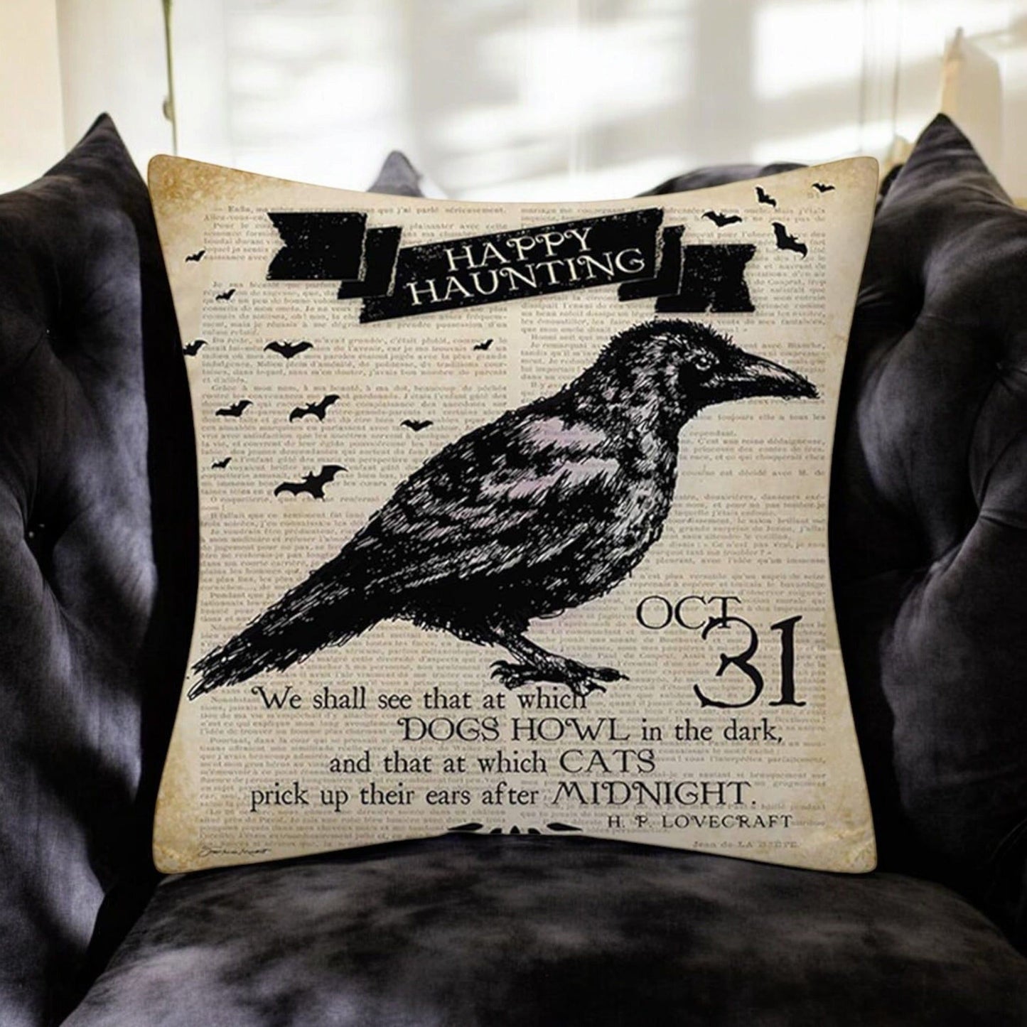 Halloween Newsprint Throw Pillow Covers – Witchy Vintage Halloween Decor (18x18”)