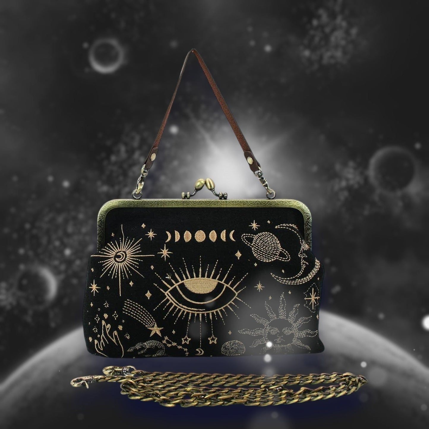Celestial Kisslock Bag – Vintage Cosmic Chic with Interchangeable Straps