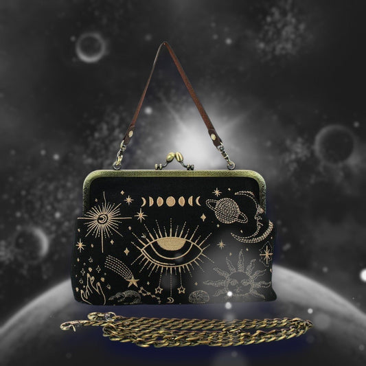 Celestial Kisslock Bag – Vintage Cosmic Chic with Interchangeable Straps
