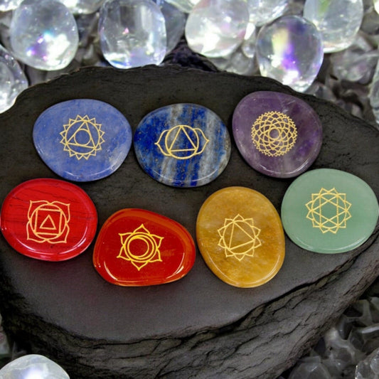 Chakra Worry Stone Crystal Set – 7 Engraved Healing Stones for Meditation & Balance