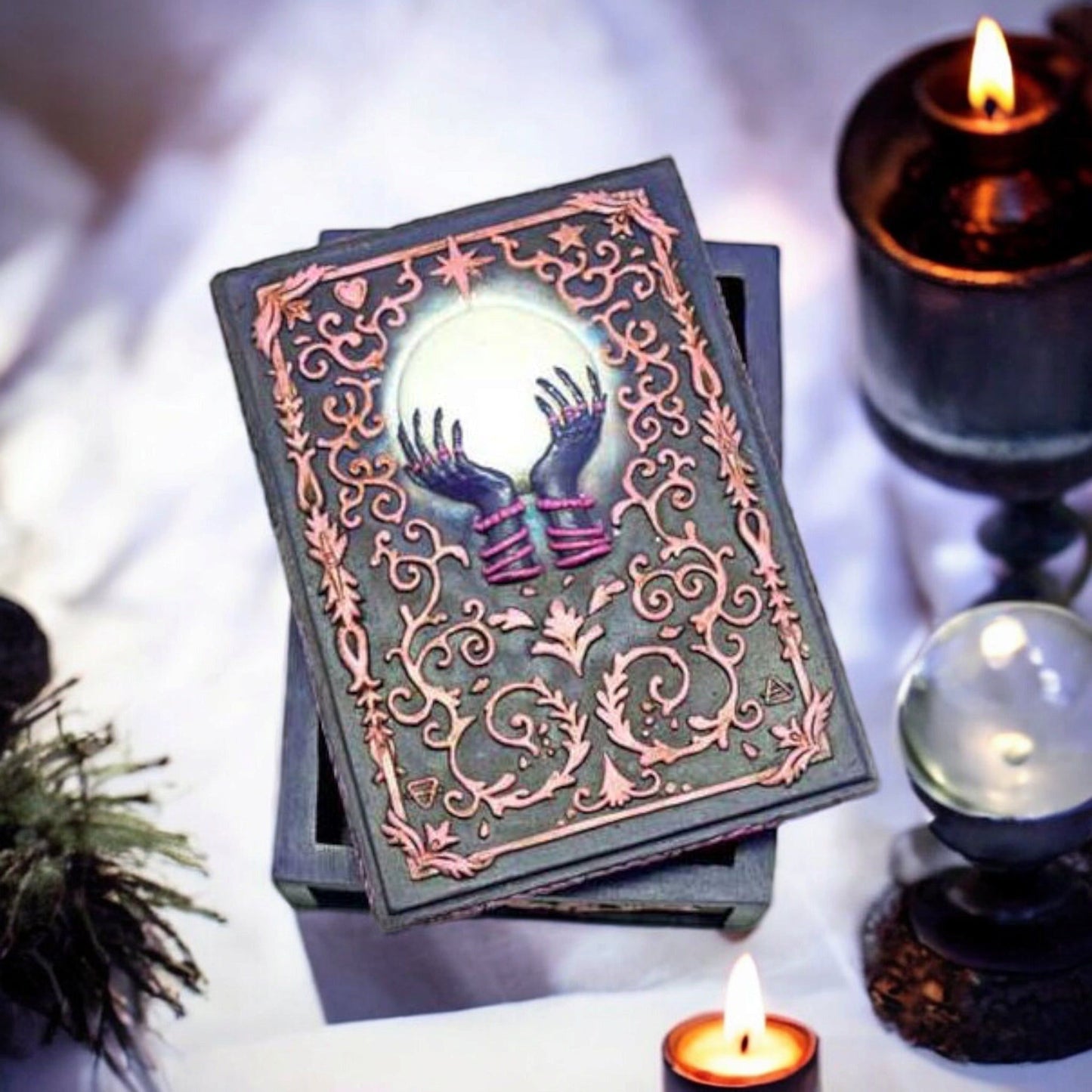 Crystal Ball Tarot Storage Box – Hand-Painted Resin Keepsake Holder